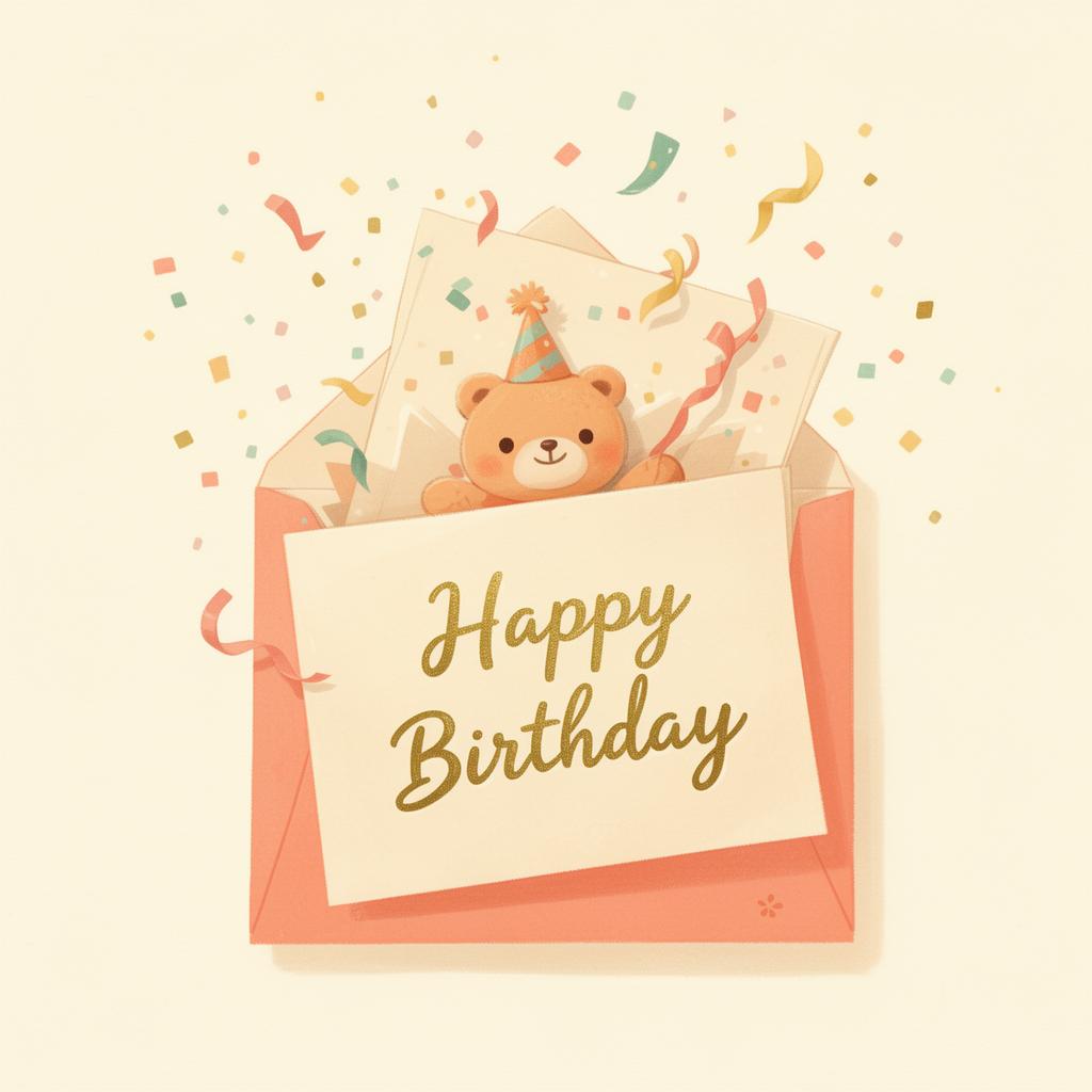 A child's birthday card being opened with confetti and a friendly plush toy